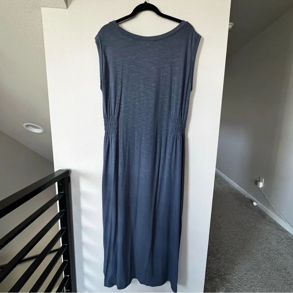 WHBM Blue Rayon Slub Knit Sleeveless Smocked Waist Midi Maxi Dress Womens Large - Picture 5 of 14